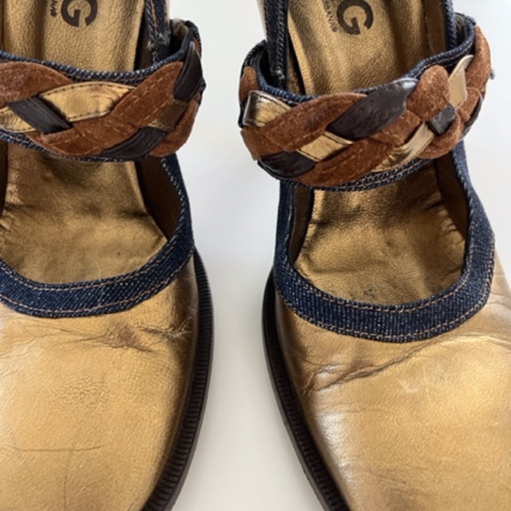 Dolce & Gabbana Gold /Denim /Suede Braided Mary Jane Heels. Size 40